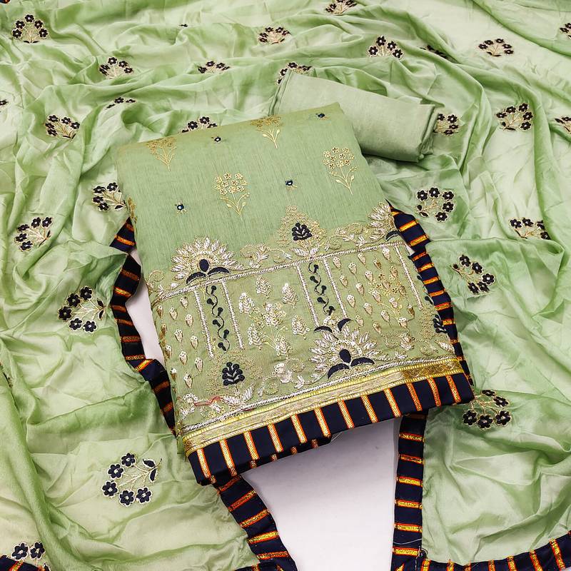 olive cotton embroidered dress material