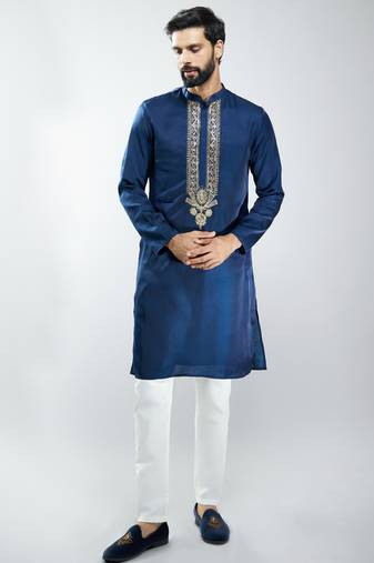 silk embroidered kurta pyjama set with cream satin pyjama 