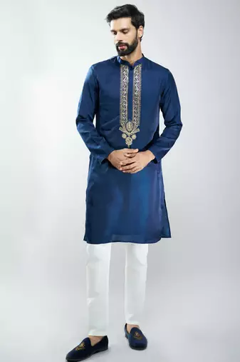 silk embroidered kurta pyjama set with cream satin pyjama 