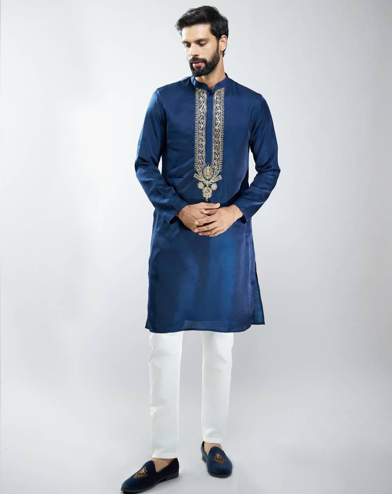 silk embroidered kurta pyjama set with cream satin pyjama 