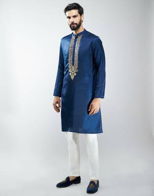silk embroidered kurta pyjama set with cream satin pyjama  3