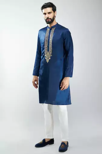 silk embroidered kurta pyjama set with cream satin pyjama 