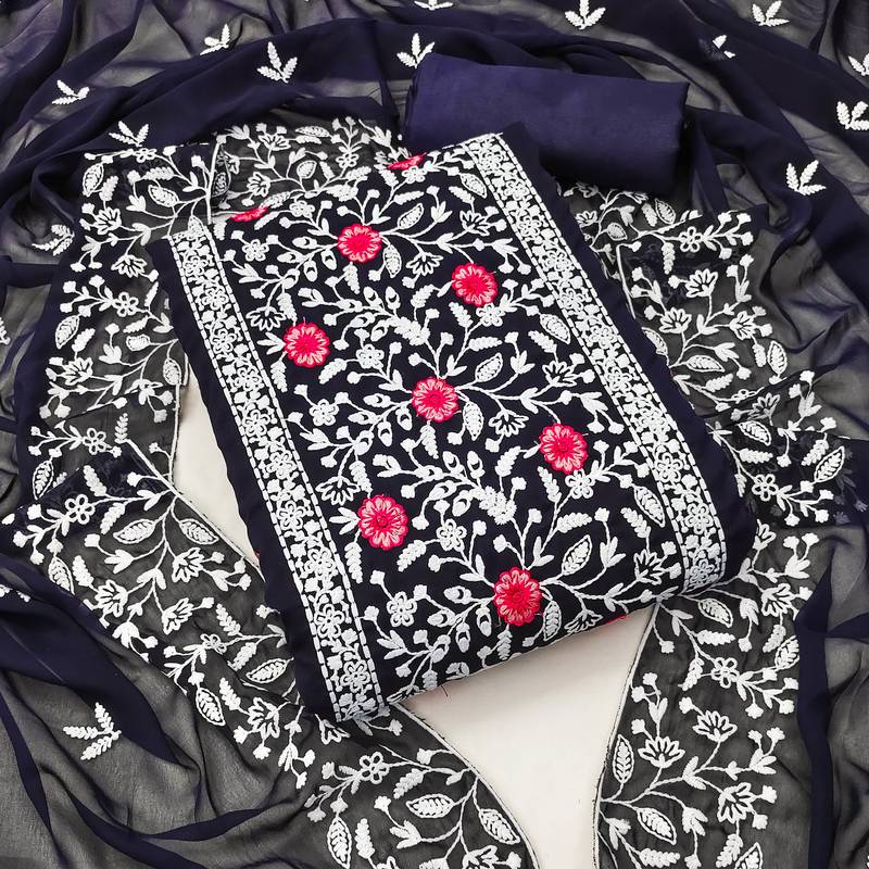 blue georgette embroidered dress material