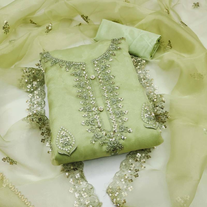 green organza embroidered dress material
