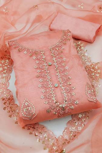 peach organza embroidered dress material