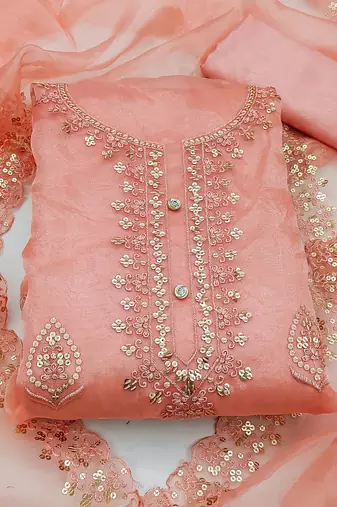 peach organza embroidered dress material