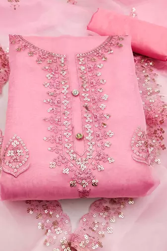pink organza embroidered dress material