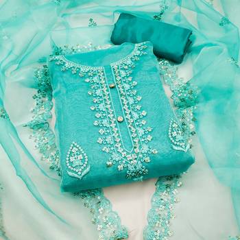 sea green organza embroidered dress material 1