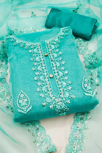 sea green organza embroidered dress material