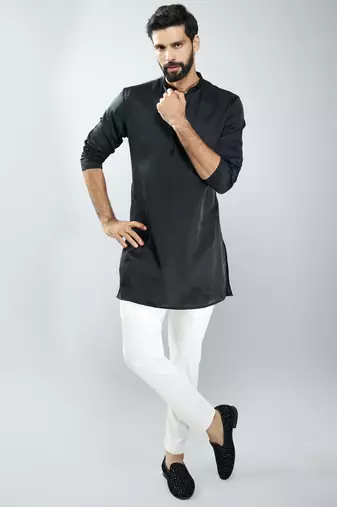 Black silk blend kurta with cream cotton lycra pyjama 