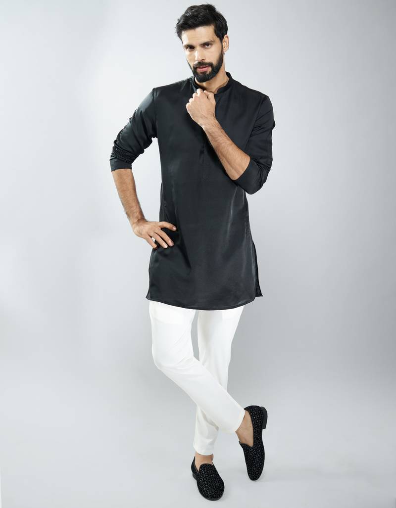 Black silk blend kurta with cream cotton lycra pyjama 