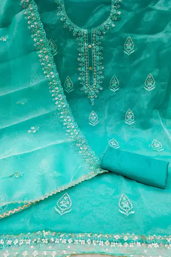 sea green organza embroidered dress material