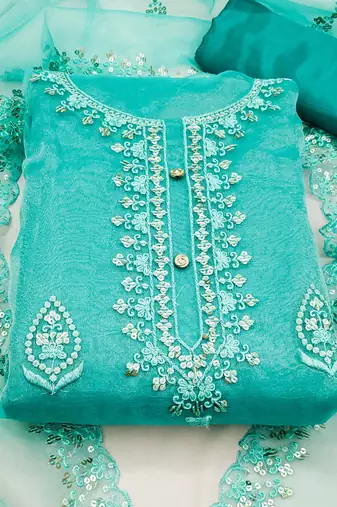 sea green organza embroidered dress material