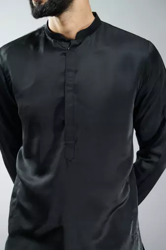 Black silk blend kurta with cream cotton lycra pyjama 