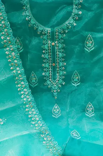 sea green organza embroidered dress material