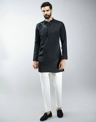 Black silk blend kurta with cream cotton lycra pyjama  3