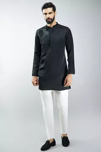 Black silk blend kurta with cream cotton lycra pyjama 