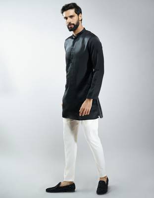 Black silk blend kurta with cream cotton lycra pyjama  4