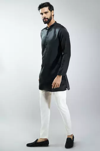 Black silk blend kurta with cream cotton lycra pyjama 
