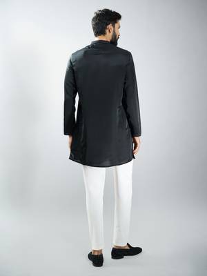 Black silk blend kurta with cream cotton lycra pyjama  5