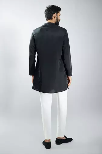 Black silk blend kurta with cream cotton lycra pyjama 