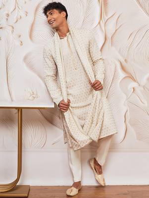 off white rayon embroidered kurta with dupatta & cream pyjama set 1