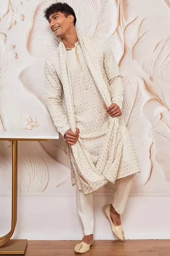 off white rayon embroidered kurta with dupatta & cream pyjama set