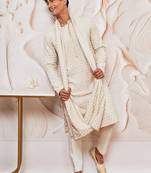 off white rayon embroidered kurta with dupatta & cream pyjama set