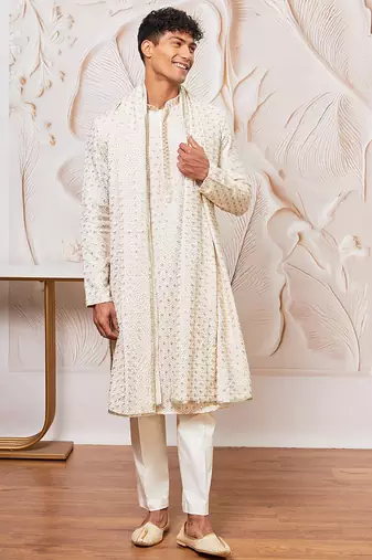 off white rayon embroidered kurta with dupatta & cream pyjama set