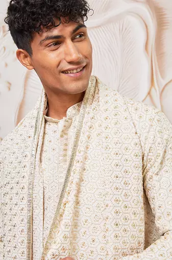 off white rayon embroidered kurta with dupatta & cream pyjama set