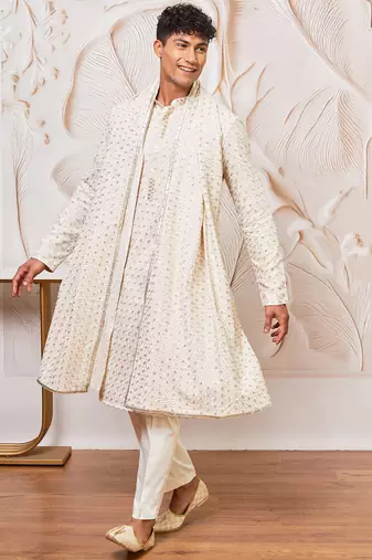 off white rayon embroidered kurta with dupatta & cream pyjama set