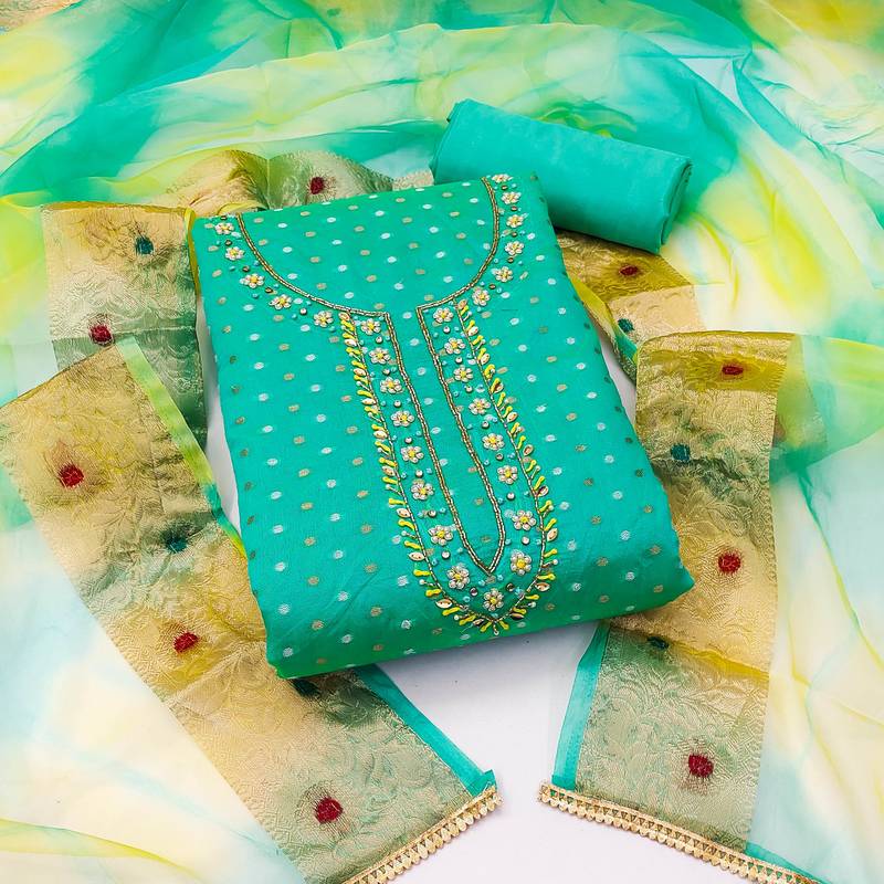 sea green cotton hand embroidery dress material