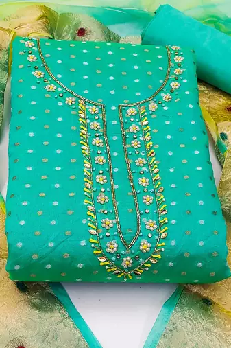 sea green cotton hand embroidery dress material