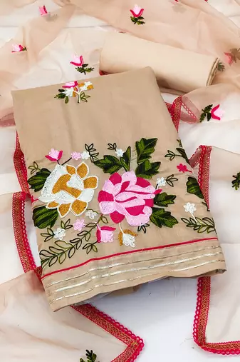 beige silk blend embroidered dress material