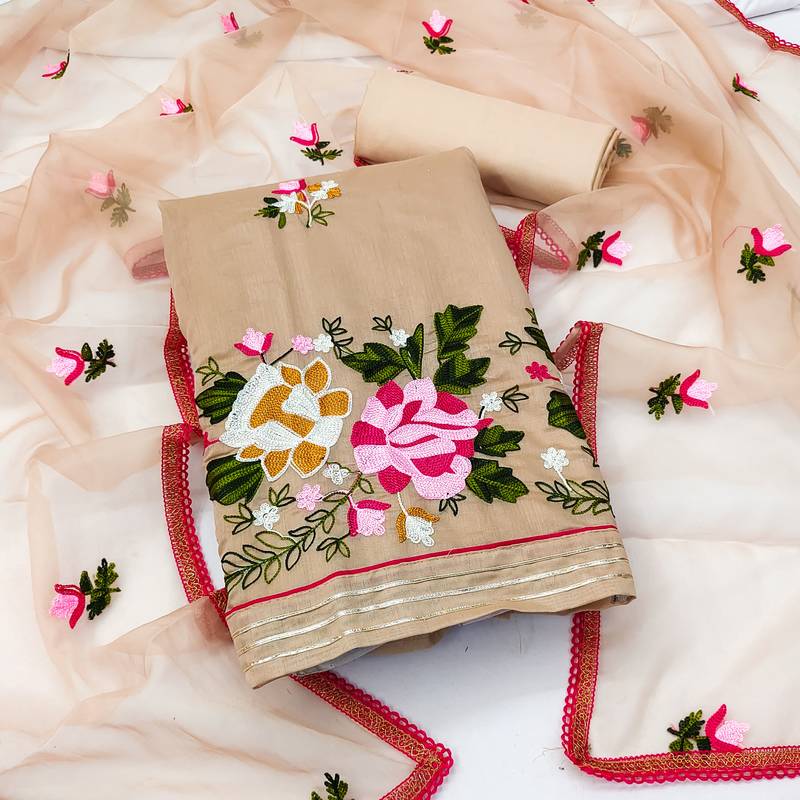 beige silk blend embroidered dress material