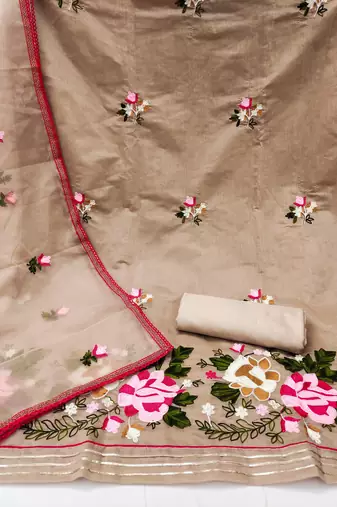 beige silk blend embroidered dress material