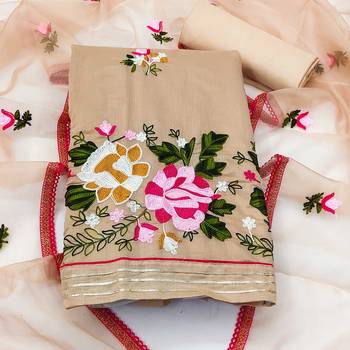 beige silk blend embroidered dress material 3
