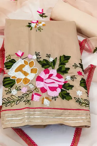 beige silk blend embroidered dress material
