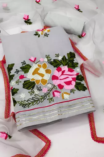 grey silk blend embroidered dress material