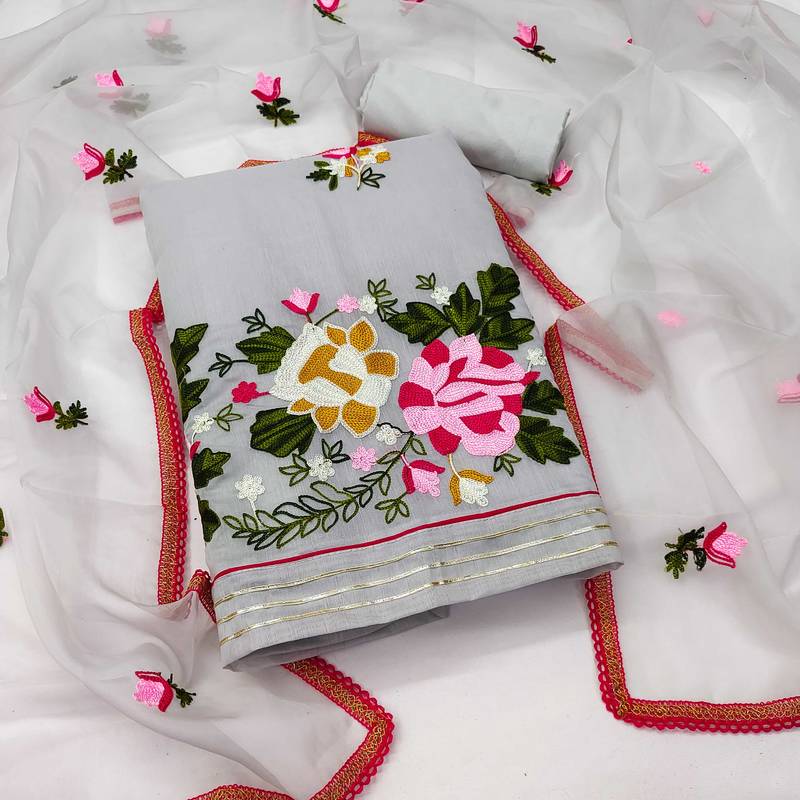 grey silk blend embroidered dress material