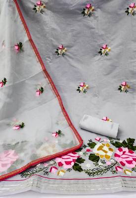 grey silk blend embroidered dress material 2