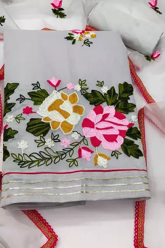 grey silk blend embroidered dress material