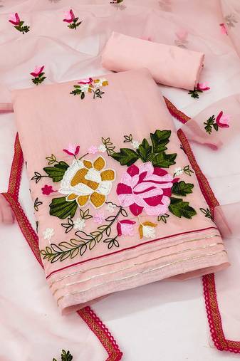 peach silk blend embroidered dress material