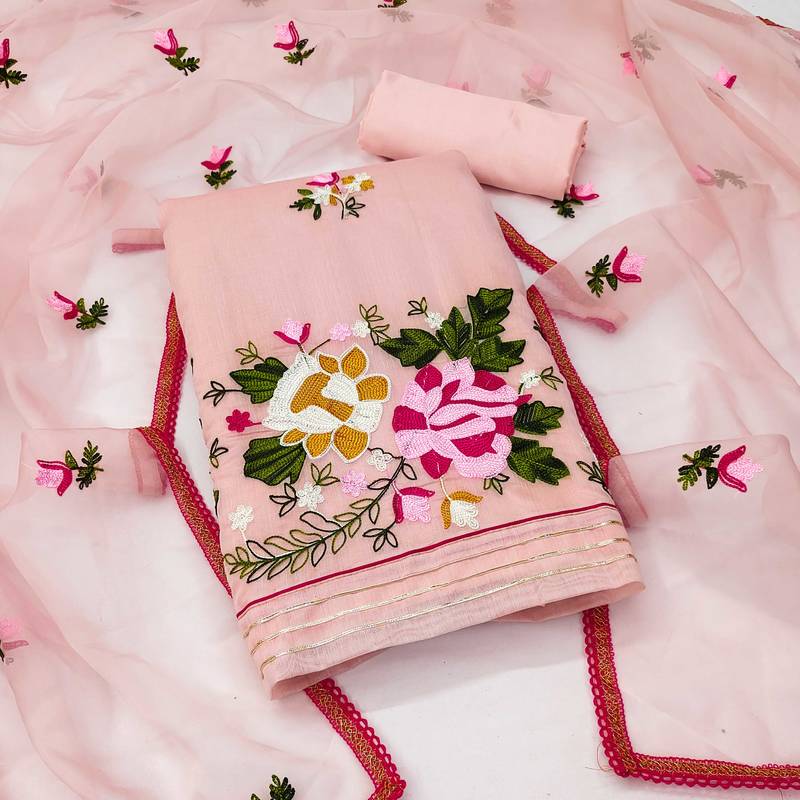 peach silk blend embroidered dress material