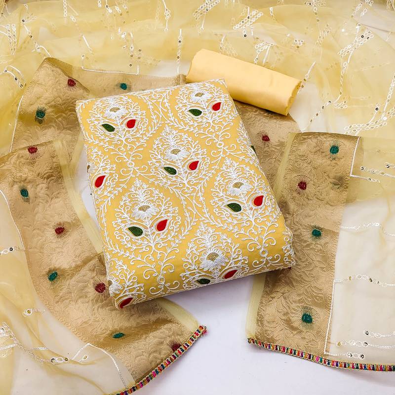 yellow silk blend embroidered dress material