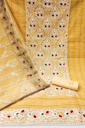 yellow silk blend embroidered dress material