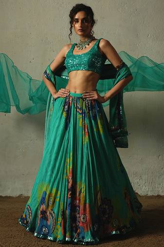 green embroidered chiffon lehenga set