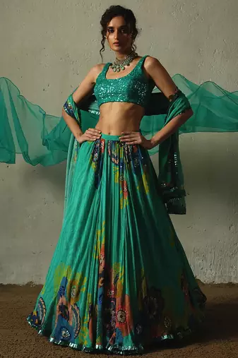 green embroidered chiffon lehenga set