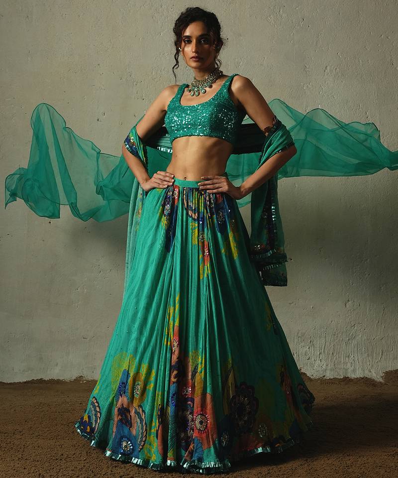 green embroidered chiffon lehenga set