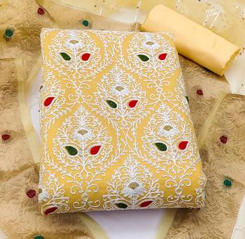 yellow silk blend embroidered dress material 3